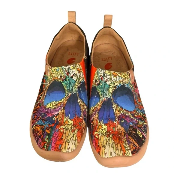 UIN Toledo I Colorful Skull Canvas Art Slip Ons Women 9 EU 40.5 Travel Shoes - Picture 2 of 11